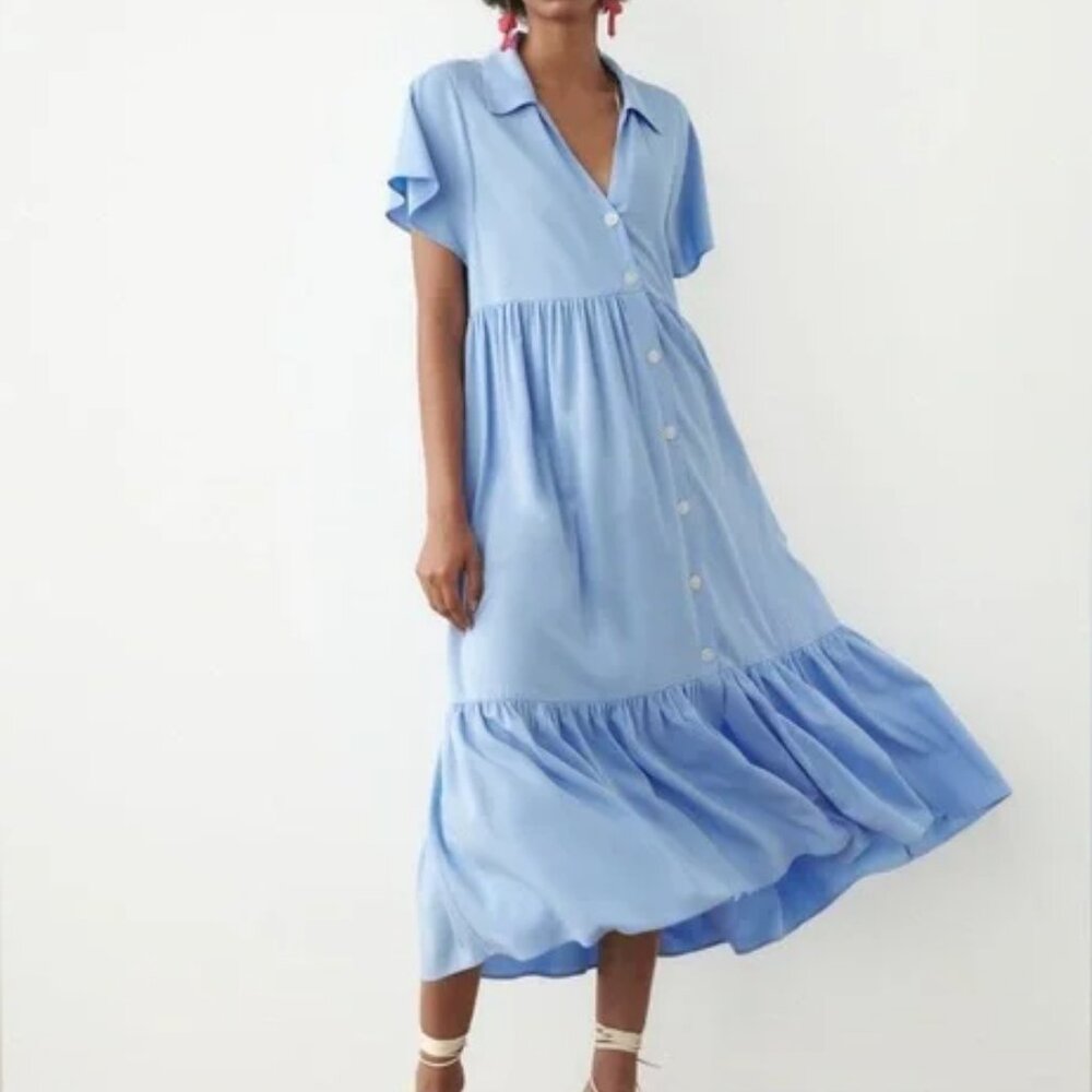 Zara Blue Tiered Midi Dress with Notched Collar Size Large